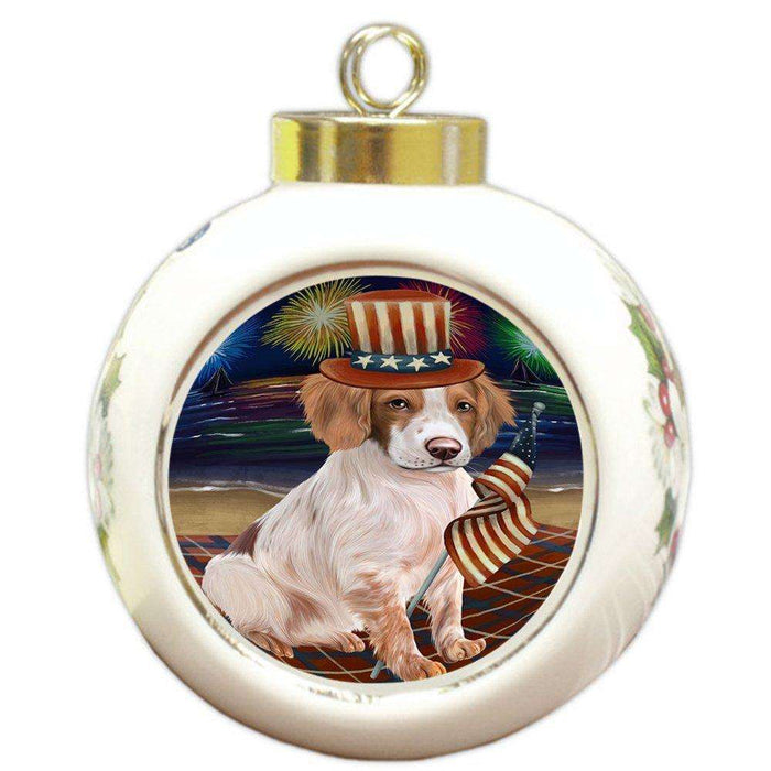 4th of July Independence Day Firework Brittany Spaniel Dog Round Ball Christmas Ornament RBPOR48847