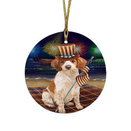 4th of July Independence Day Firework Brittany Spaniel Dog Round Christmas Ornament RFPOR48836
