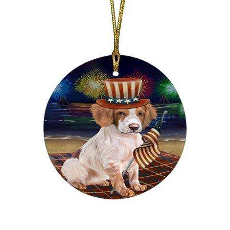 4th of July Independence Day Firework Brittany Spaniel Dog Round Christmas Ornament RFPOR48838