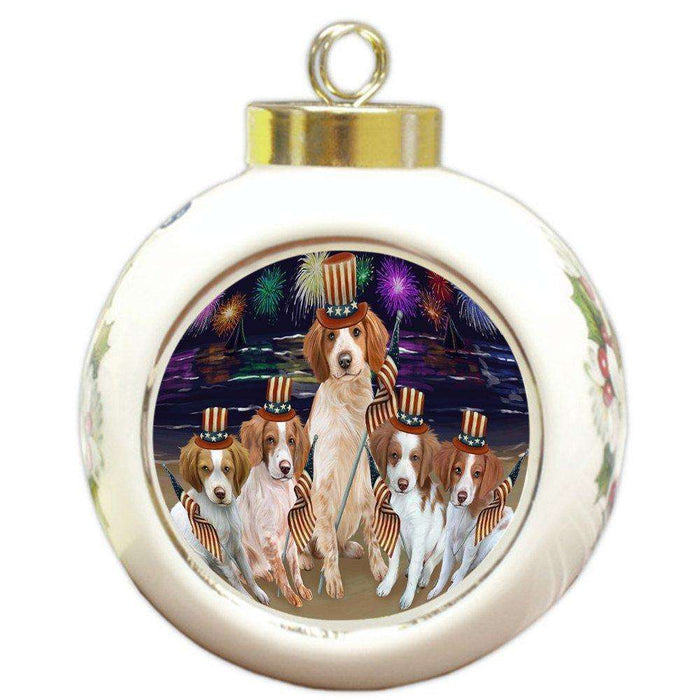 4th of July Independence Day Firework Brittany Spaniels Dog Round Ball Christmas Ornament RBPOR48846