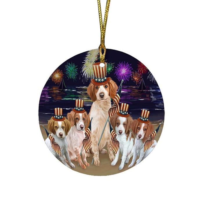 4th of July Independence Day Firework Brittany Spaniels Dog Round Christmas Ornament RFPOR48837
