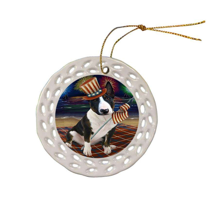 4th of July Independence Day Firework Bull Terrier Dog Ceramic Doily Ornament DPOR48848
