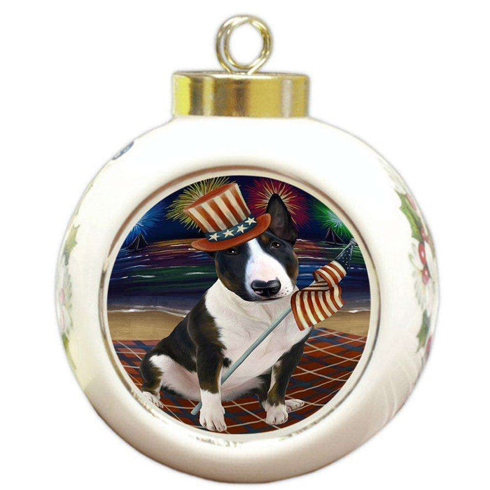 4th of July Independence Day Firework Bull Terrier Dog Round Ball Christmas Ornament RBPOR48848
