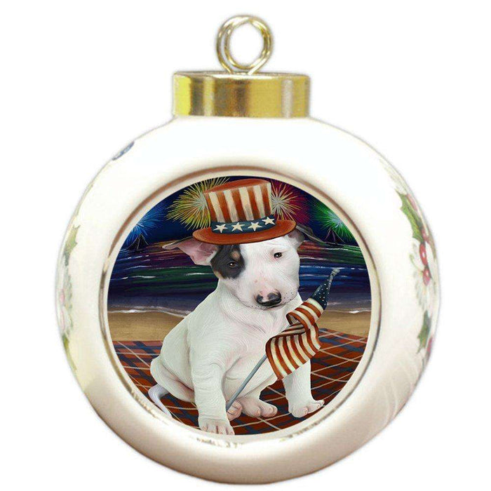 4th of July Independence Day Firework Bull Terrier Dog Round Ball Christmas Ornament RBPOR48850