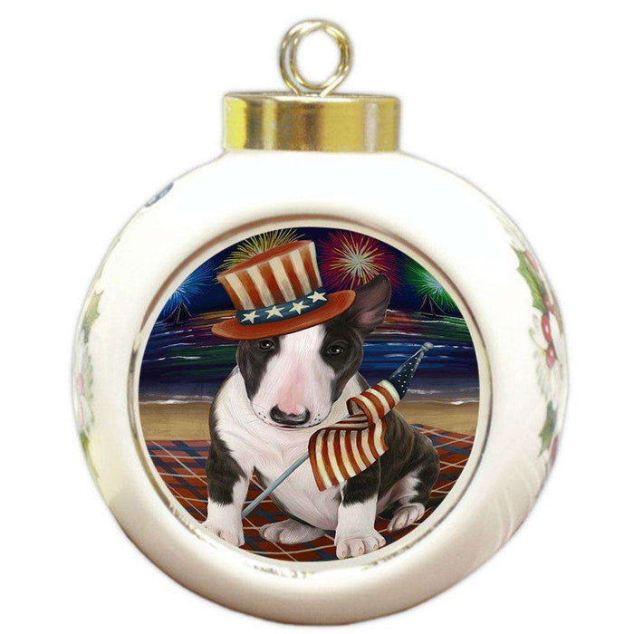4th of July Independence Day Firework Bull Terrier Dog Round Ball Christmas Ornament RBPOR48851