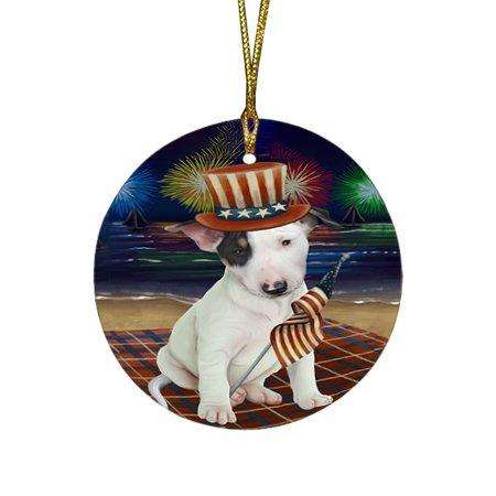 4th of July Independence Day Firework Bull Terrier Dog Round Christmas Ornament RFPOR48841