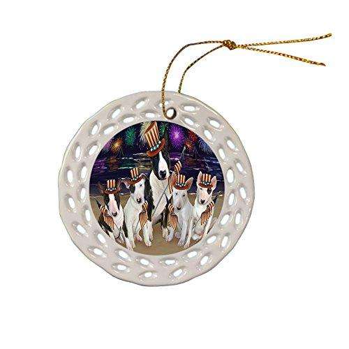 4th of July Independence Day Firework Bull Terriers Dog Ceramic Doily Ornament DPOR48849