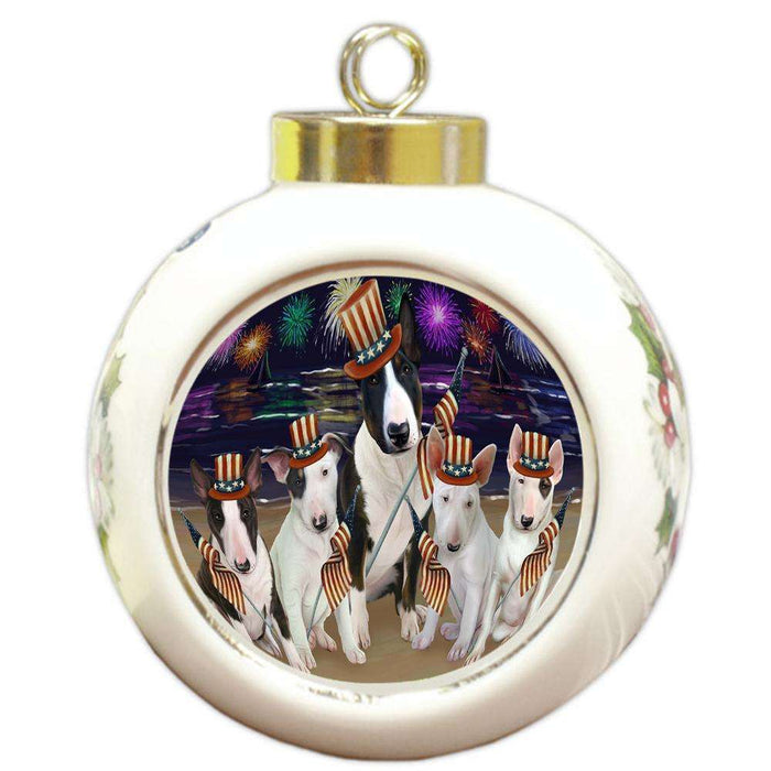 4th of July Independence Day Firework Bull Terriers Dog Round Ball Christmas Ornament RBPOR48849