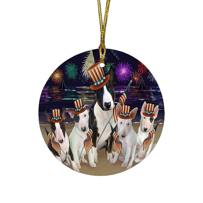 4th of July Independence Day Firework Bull Terriers Dog Round Christmas Ornament RFPOR48840