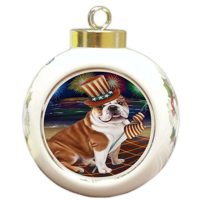 4th of July Independence Day Firework Bulldog Round Ball Christmas Ornament RBPOR48852