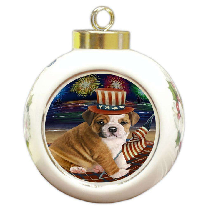 4th of July Independence Day Firework Bulldog Round Ball Christmas Ornament RBPOR48854