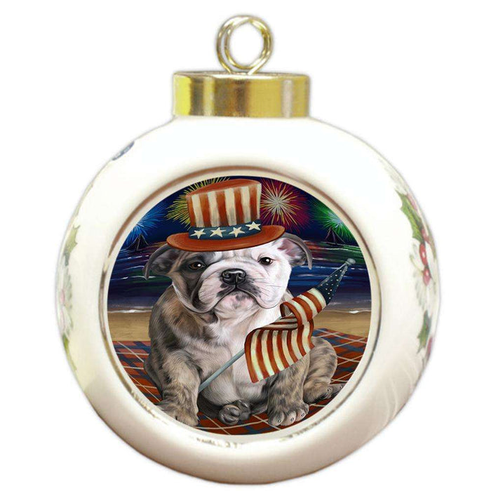 4th of July Independence Day Firework Bulldog Round Ball Christmas Ornament RBPOR48855