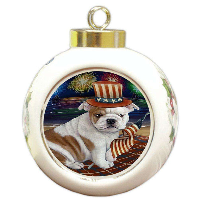 4th of July Independence Day Firework Bulldog Round Ball Christmas Ornament RBPOR48856