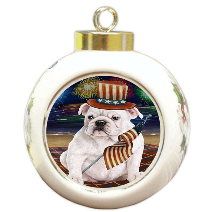 4th of July Independence Day Firework Bulldog Round Ball Christmas Ornament RBPOR48857