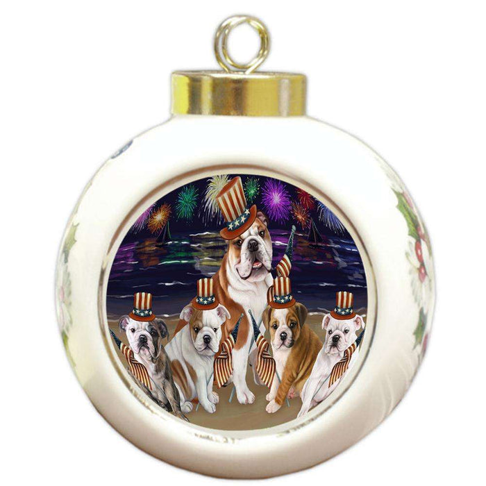 4th of July Independence Day Firework Bulldogs Round Ball Christmas Ornament RBPOR48853