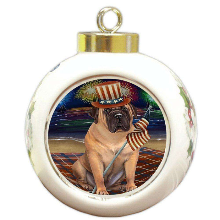 4th of July Independence Day Firework Bullmastiff Dog Round Ball Christmas Ornament RBPOR48858
