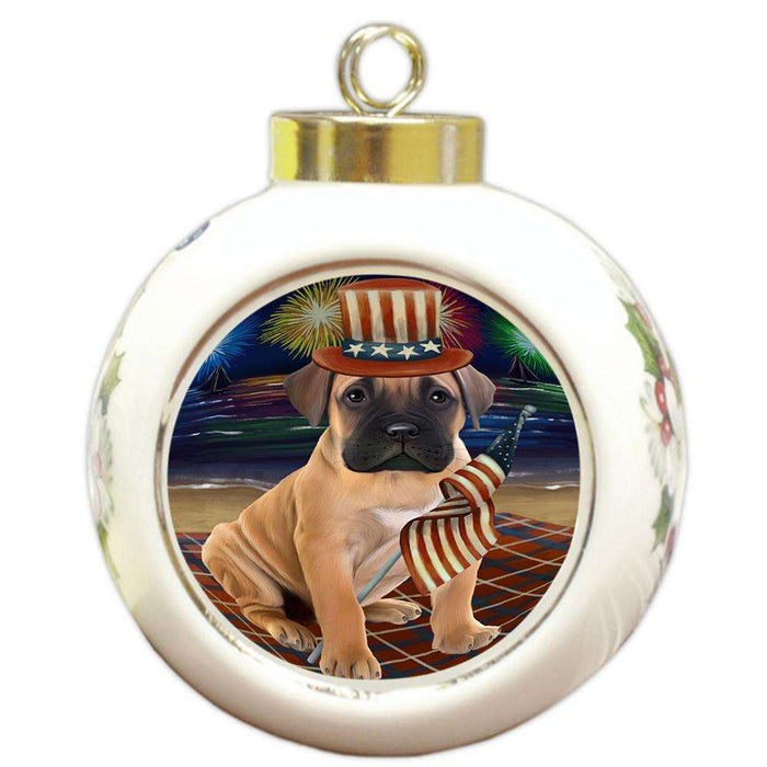 4th of July Independence Day Firework Bullmastiff Dog Round Ball Christmas Ornament RBPOR48860