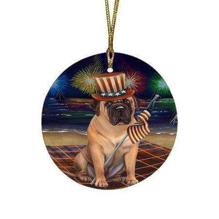 4th of July Independence Day Firework Bullmastiff Dog Round Christmas Ornament RFPOR48849