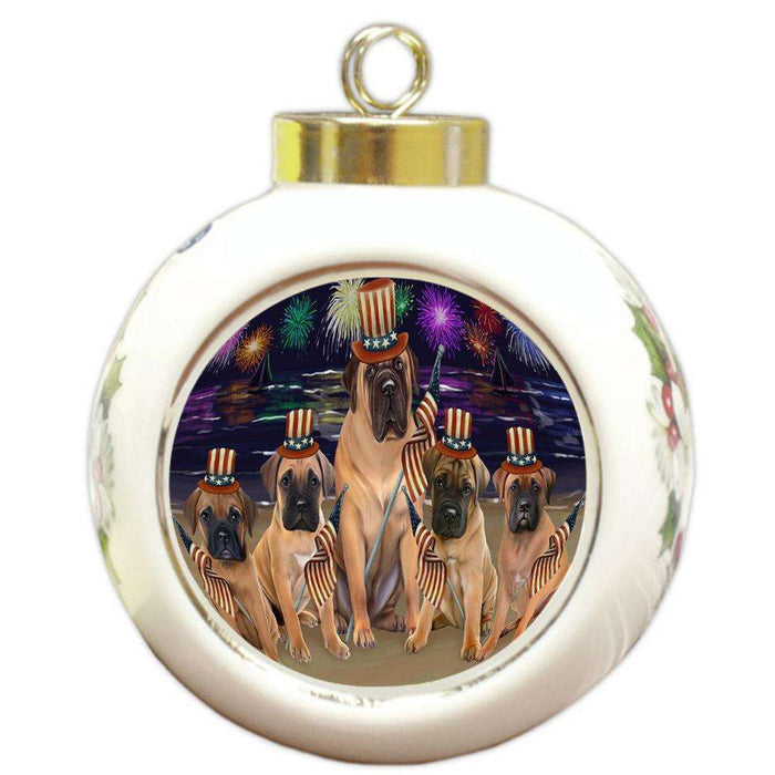 4th of July Independence Day Firework Bullmastiffs Dog Round Ball Christmas Ornament RBPOR48859