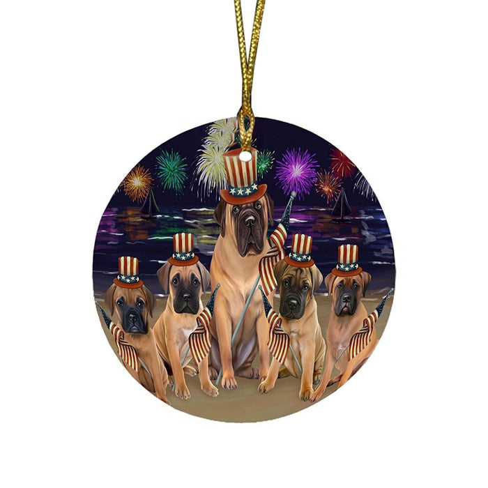 4th of July Independence Day Firework Bullmastiffs Dog Round Christmas Ornament RFPOR48850