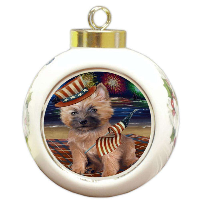4th of July Independence Day Firework Cairn Terrier Dog Round Ball Christmas Ornament RBPOR48864