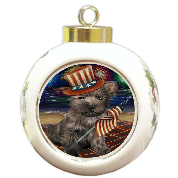 4th of July Independence Day Firework Cairn Terrier Dog Round Ball Christmas Ornament RBPOR48865
