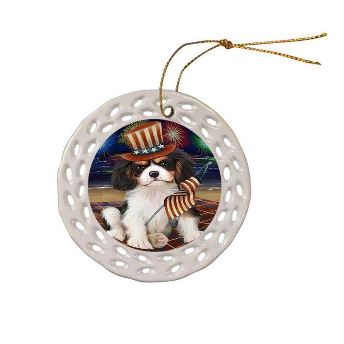 4th of July Independence Day Firework Cavalier King Charles Spaniel Dog Ceramic Doily Ornament DPOR48869