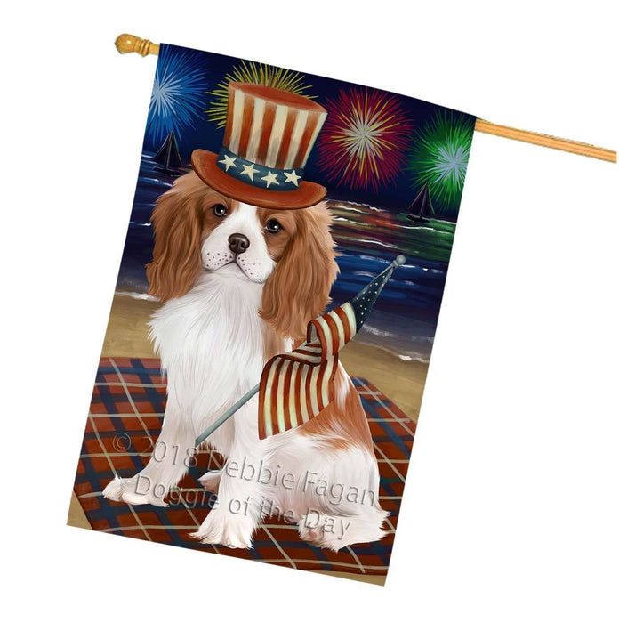 4th of July Independence Day Firework Cavalier King Charles Spaniel Dog House Flag FLG48836