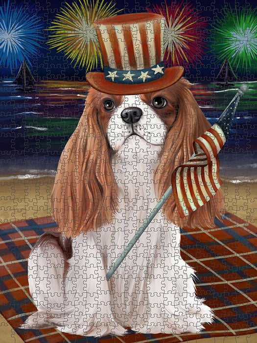 4th of July Independence Day Firework Cavalier King Charles Spaniel Dog Puzzle with Photo Tin PUZL50781
