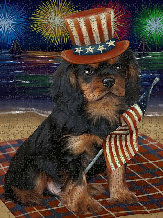4th of July Independence Day Firework Cavalier King Charles Spaniel Dog Puzzle with Photo Tin PUZL50787