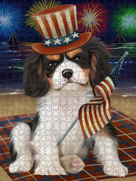 4th of July Independence Day Firework Cavalier King Charles Spaniel Dog Puzzle with Photo Tin PUZL50790