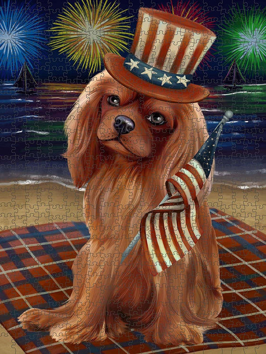 4th of July Independence Day Firework Cavalier King Charles Spaniel Dog Puzzle with Photo Tin PUZL50793