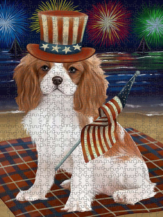 4th of July Independence Day Firework Cavalier King Charles Spaniel Dog Puzzle with Photo Tin PUZL50796