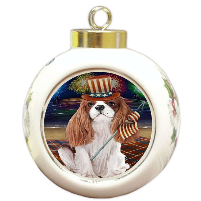 4th of July Independence Day Firework Cavalier King Charles Spaniel Dog Round Ball Christmas Ornament RBPOR48866