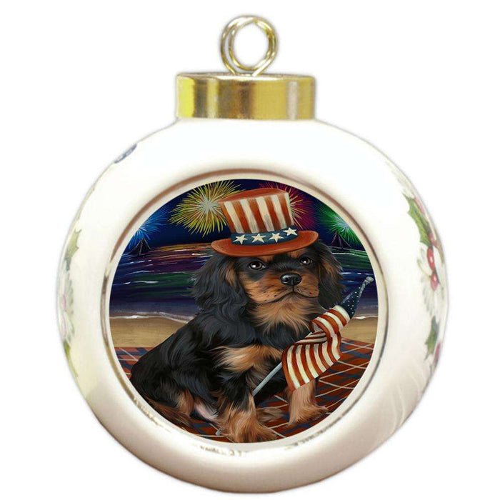 4th of July Independence Day Firework Cavalier King Charles Spaniel Dog Round Ball Christmas Ornament RBPOR48868