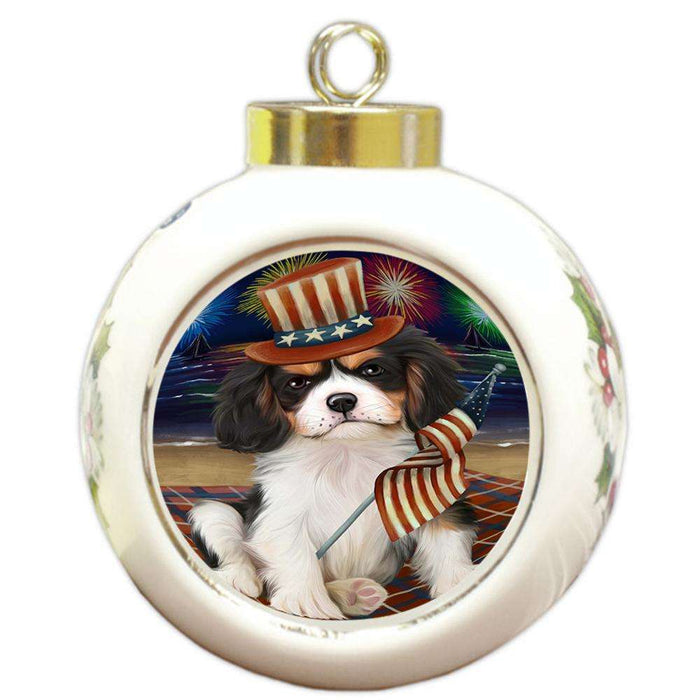 4th of July Independence Day Firework Cavalier King Charles Spaniel Dog Round Ball Christmas Ornament RBPOR48869