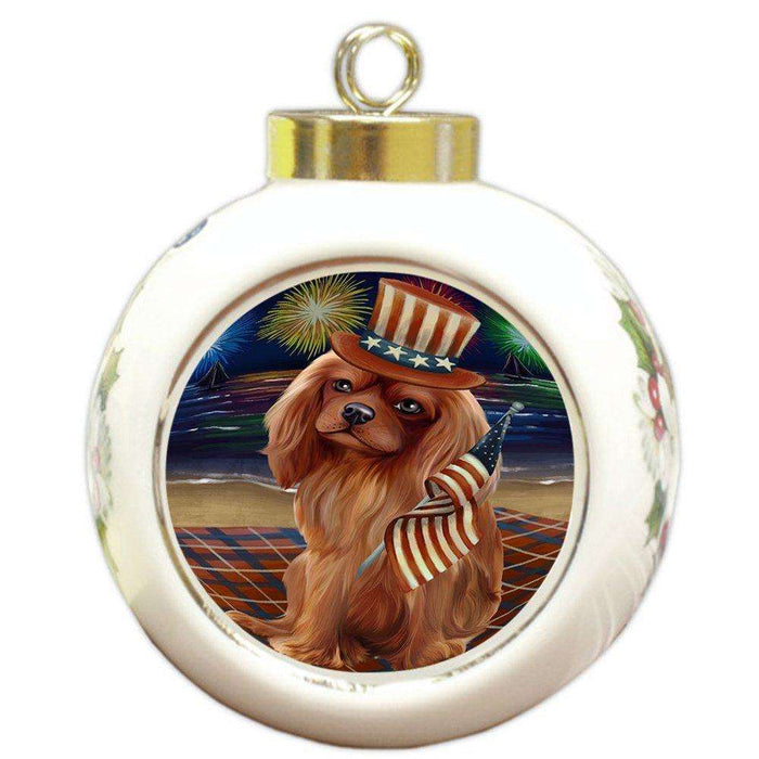4th of July Independence Day Firework Cavalier King Charles Spaniel Dog Round Ball Christmas Ornament RBPOR48870