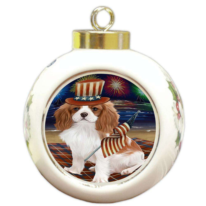 4th of July Independence Day Firework Cavalier King Charles Spaniel Dog Round Ball Christmas Ornament RBPOR48871