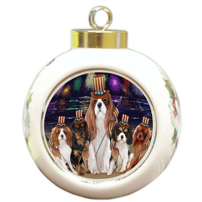 4th of July Independence Day Firework Cavalier King Charles Spaniels Dog Round Ball Christmas Ornament RBPOR48867