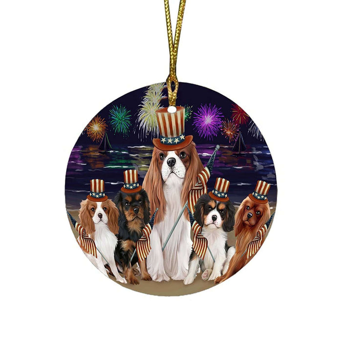4th of July Independence Day Firework Cavalier King Charles Spaniels Dog Round Christmas Ornament RFPOR48858