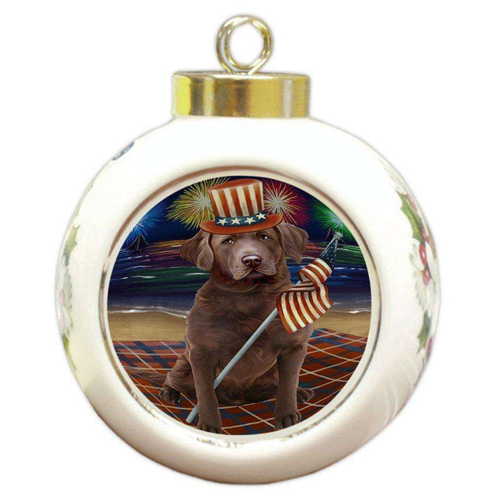 4th of July Independence Day Firework Chesapeake Bay Retriever Dog Round Ball Christmas Ornament RBPOR48872