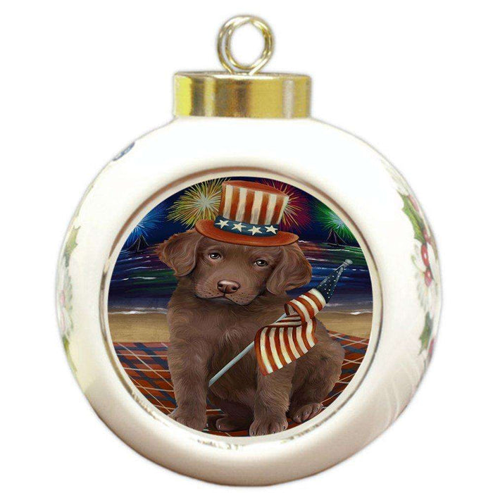 4th of July Independence Day Firework Chesapeake Bay Retriever Dog Round Ball Christmas Ornament RBPOR48875