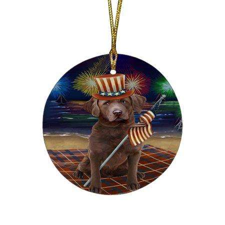 4th of July Independence Day Firework Chesapeake Bay Retriever Dog Round Christmas Ornament RFPOR48863