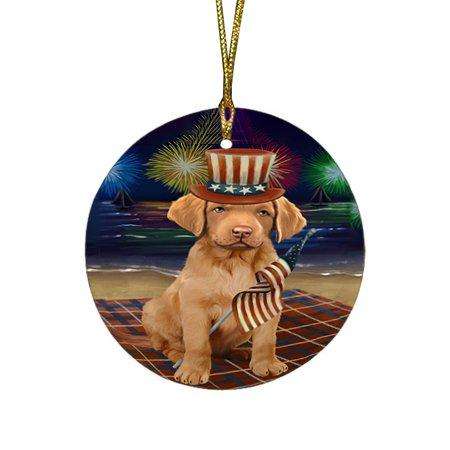 4th of July Independence Day Firework Chesapeake Bay Retriever Dog Round Christmas Ornament RFPOR48865