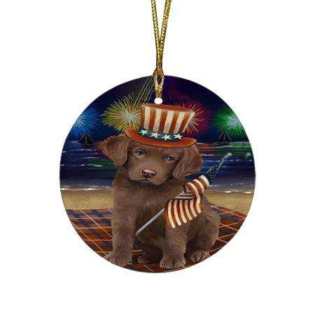 4th of July Independence Day Firework Chesapeake Bay Retriever Dog Round Christmas Ornament RFPOR48866