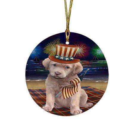 4th of July Independence Day Firework Chesapeake Bay Retriever Dog Round Christmas Ornament RFPOR48867