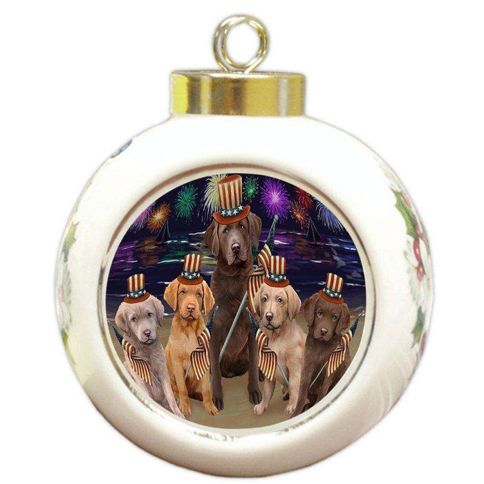4th of July Independence Day Firework Chesapeake Bay Retrievers Dog Round Ball Christmas Ornament RBPOR48873