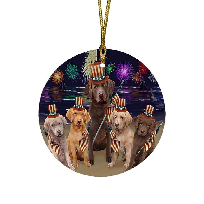 4th of July Independence Day Firework Chesapeake Bay Retrievers Dog Round Christmas Ornament RFPOR48864