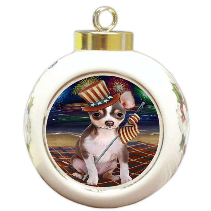 4th of July Independence Day Firework Chihuahua Dog Round Ball Christmas Ornament RBPOR48877