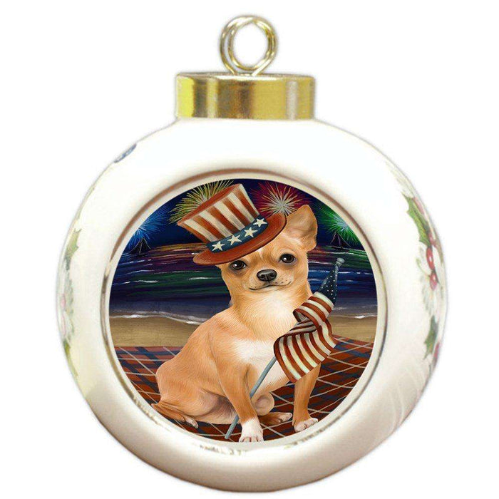 4th of July Independence Day Firework Chihuahua Dog Round Ball Christmas Ornament RBPOR48879